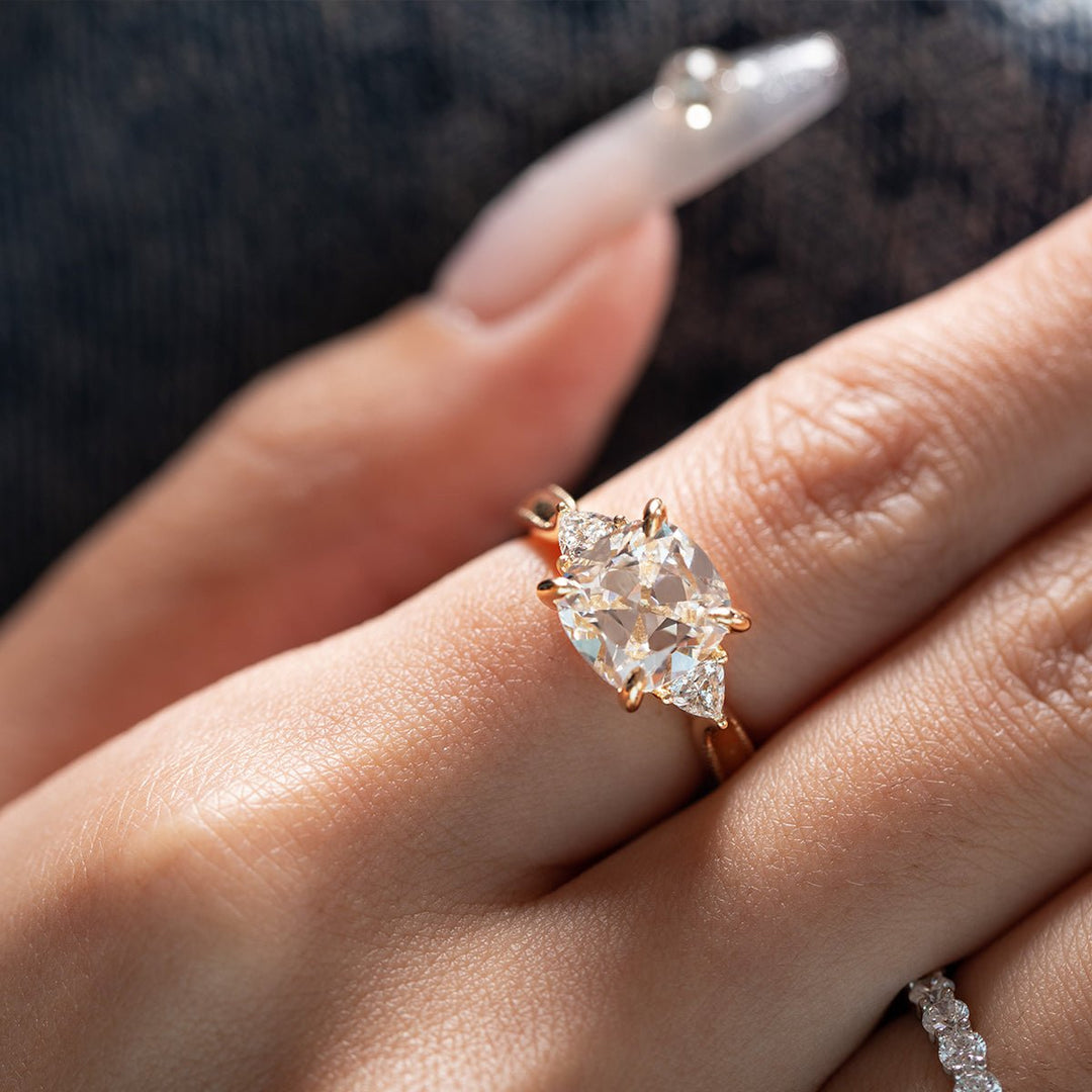 Old Mine - Cut Lab Diamond Three - Stone Ring with Trillion Side Stones - FIORESE JEWELRY
