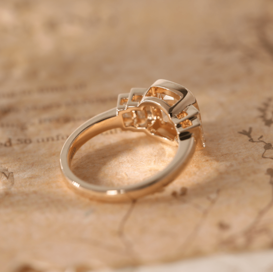 Old Mine - Cut Light Pink Lab Diamond Five - Stone Ring with Bezel Setting and Half - Bezel Baguette Lab Diamond Side Stones - FIORESE JEWELRY