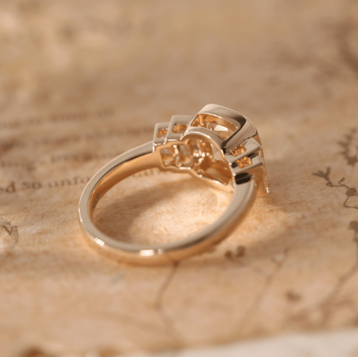 Old Mine - Cut Light Pink Lab Diamond Five - Stone Ring with Bezel Setting and Half - Bezel Baguette Lab Diamond Side Stones - FIORESE JEWELRY