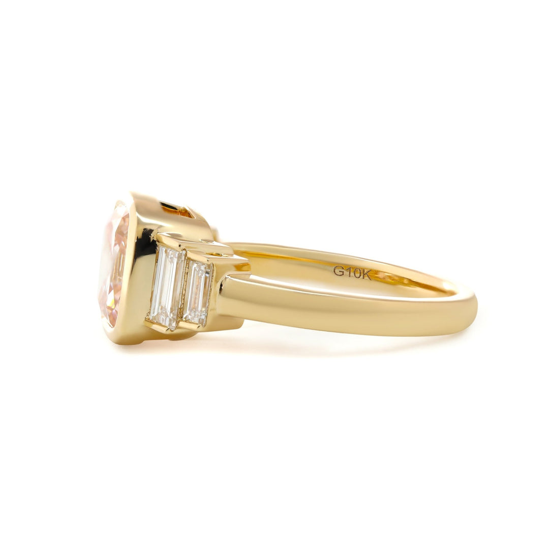 Old Mine - Cut Light Pink Lab Diamond Five - Stone Ring with Bezel Setting and Half - Bezel Baguette Lab Diamond Side Stones - FIORESE JEWELRY
