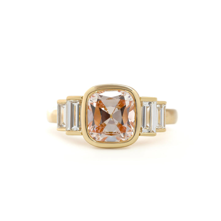 Old Mine - Cut Light Pink Lab Diamond Five - Stone Ring with Bezel Setting and Half - Bezel Baguette Lab Diamond Side Stones - FIORESE JEWELRY