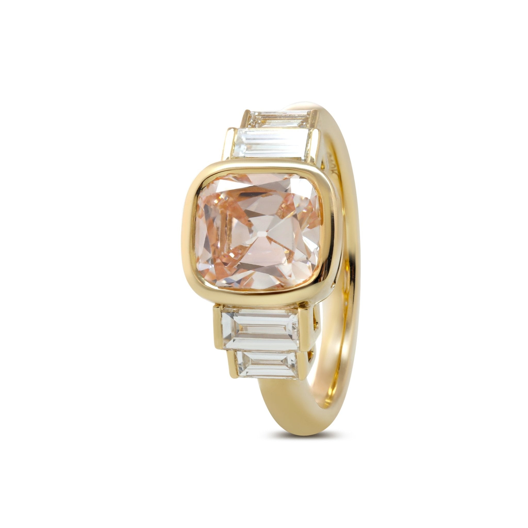 Old Mine-Cut Light Pink Lab Diamond Five-Stone Ring with Bezel Setting and Half-Bezel Baguette Lab Diamond Side Stones