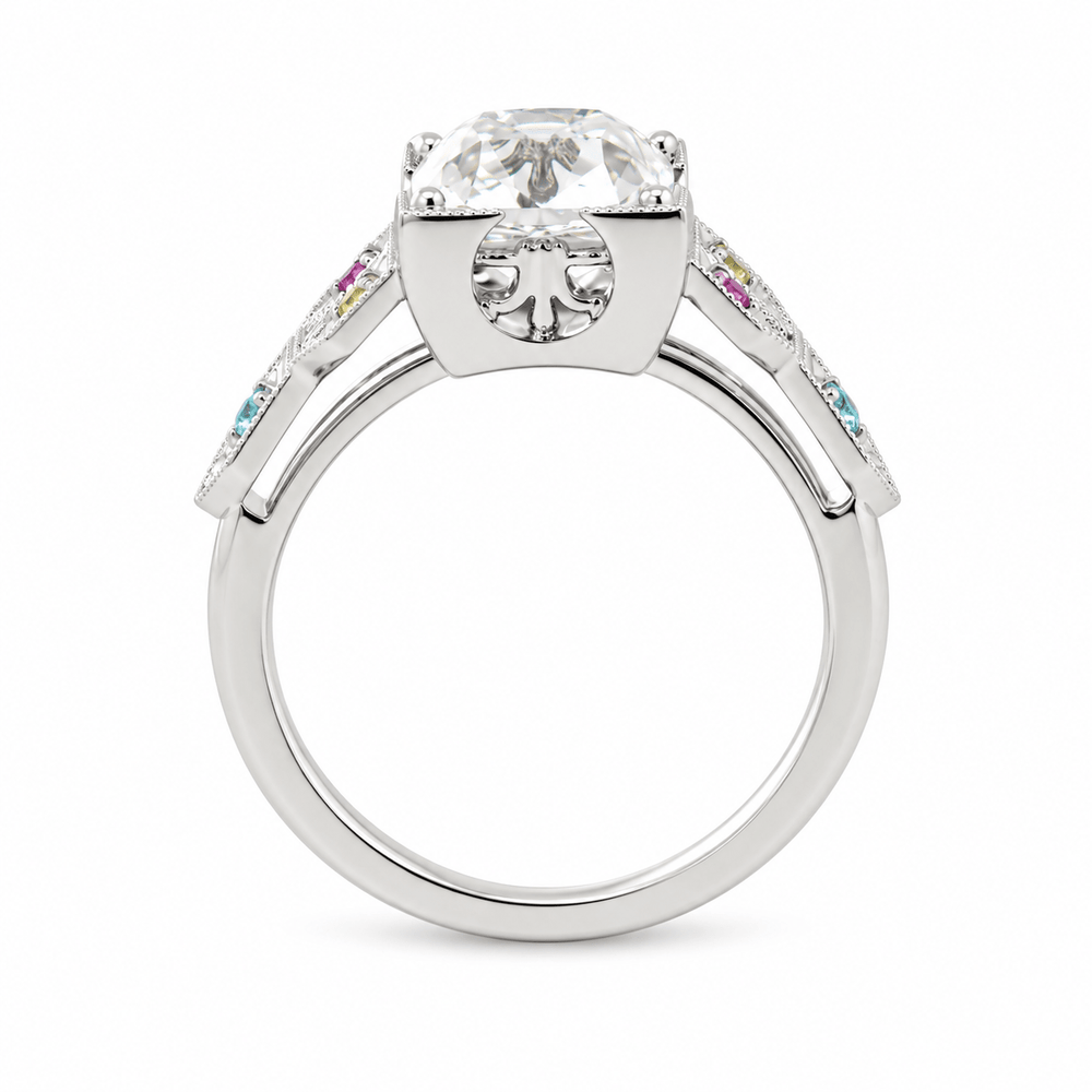 OMC Diamond Millegrain Ring with Fancy Color Gem Side Stones - FIORESE JEWELRY
