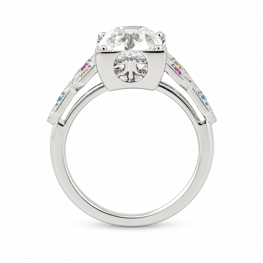 OMC Diamond Millegrain Ring with Fancy Color Gem Side Stones - FIORESE JEWELRY