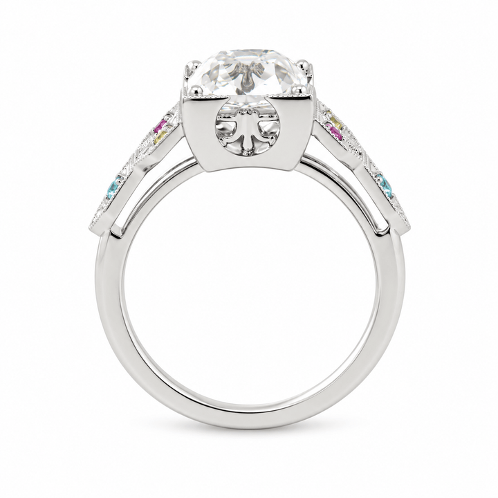 OMC Diamond Millegrain Ring with Fancy Color Gem Side Stones - FIORESE JEWELRY