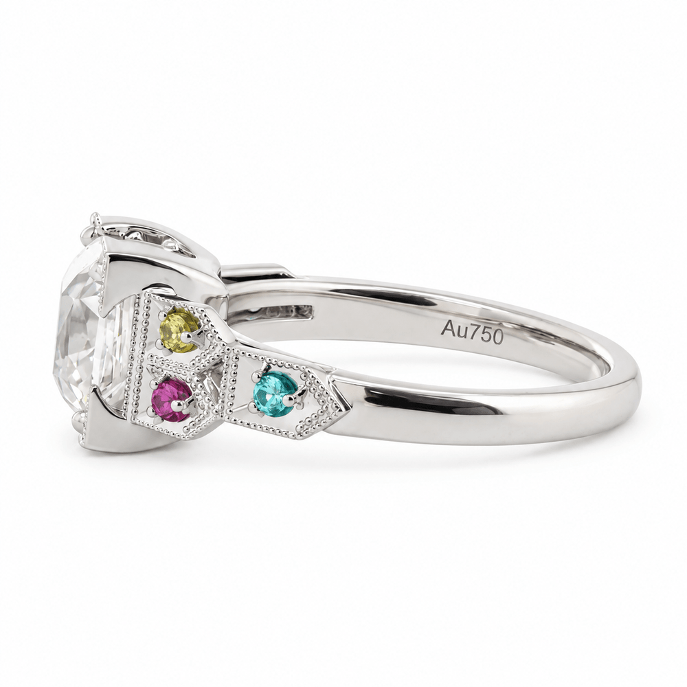 OMC Diamond Millegrain Ring with Fancy Color Gem Side Stones - FIORESE JEWELRY