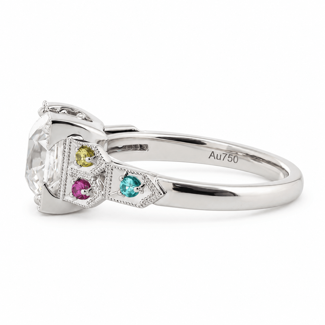OMC Diamond Millegrain Ring with Fancy Color Gem Side Stones - FIORESE JEWELRY