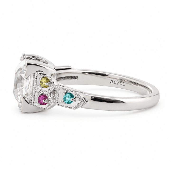 OMC Diamond Millegrain Ring with Fancy Color Gem Side Stones - FIORESE JEWELRY