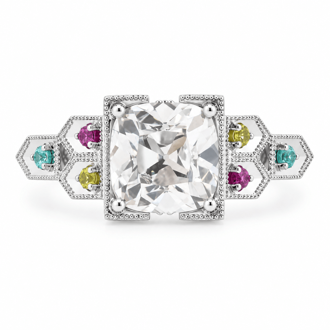 OMC Diamond Millegrain Ring with Fancy Color Gem Side Stones - FIORESE JEWELRY