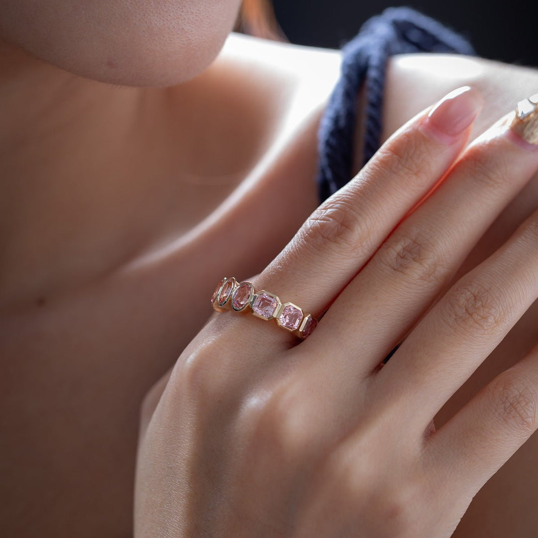 Oval- and Asscher-Cut Sakura Pink Lab Sapphire Bezel Eternity Ring - FIORESE JEWELRY