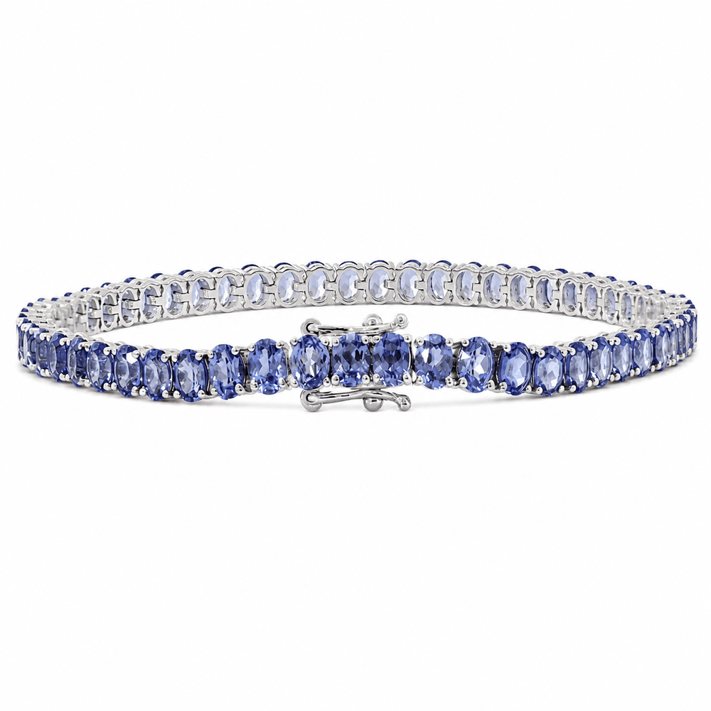 Oval Cornflower Blue Lab Sapphire Tennis Bracelet with 4-Prong Basket - FIORESE JEWELRY