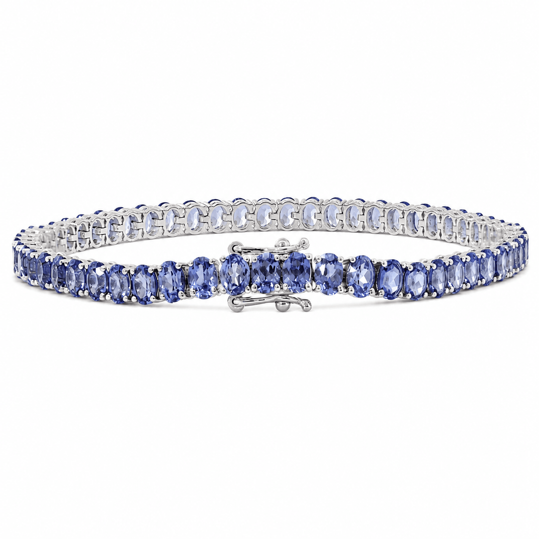 Oval Cornflower Blue Lab Sapphire Tennis Bracelet with 4-Prong Basket - FIORESE JEWELRY