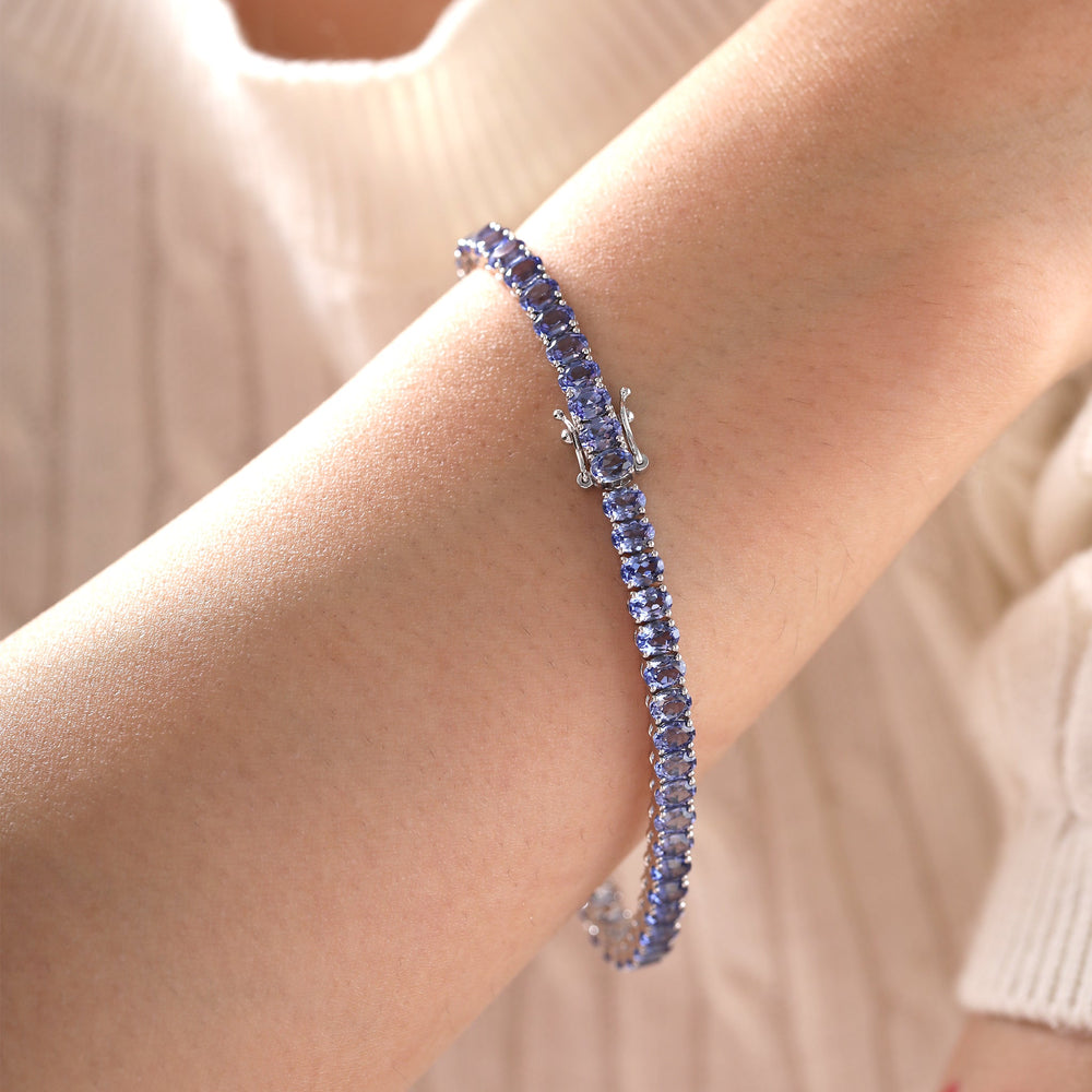 Oval Cornflower Blue Lab Sapphire Tennis Bracelet with 4-Prong Basket - FIORESE JEWELRY