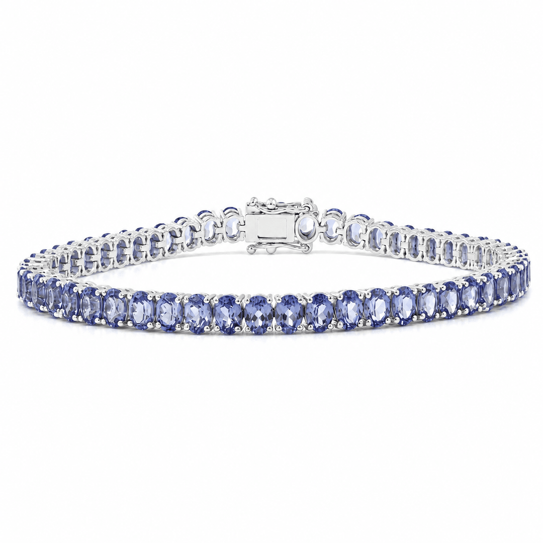 Oval Cornflower Blue Lab Sapphire Tennis Bracelet with 4-Prong Basket - FIORESE JEWELRY