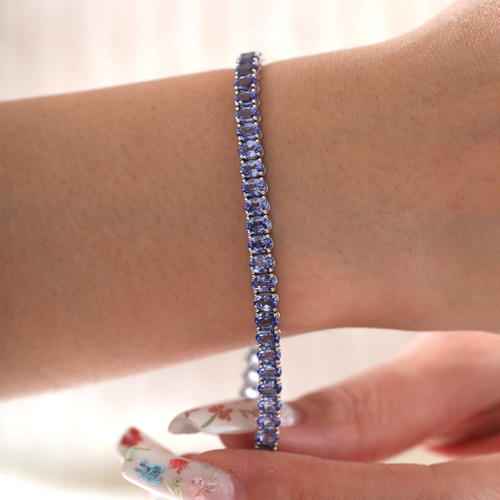 Oval Cornflower Blue Lab Sapphire Tennis Bracelet with 4-Prong Basket - FIORESE JEWELRY