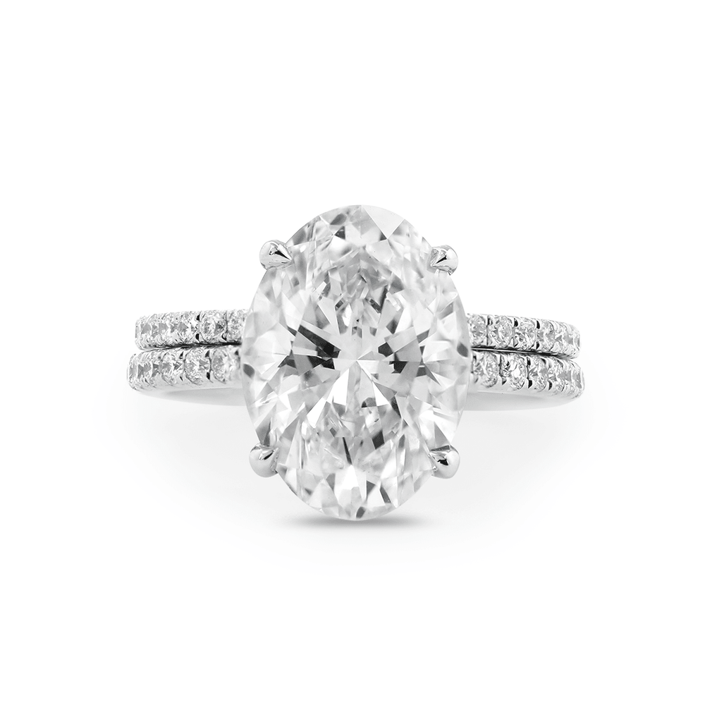 Oval Cut Lab Diamond 4 - Claw Hidden Halo Cathedral Bridal Set — Engagement Ring with U - Shaped Pavé Eternity Band - FIORESE JEWELRY