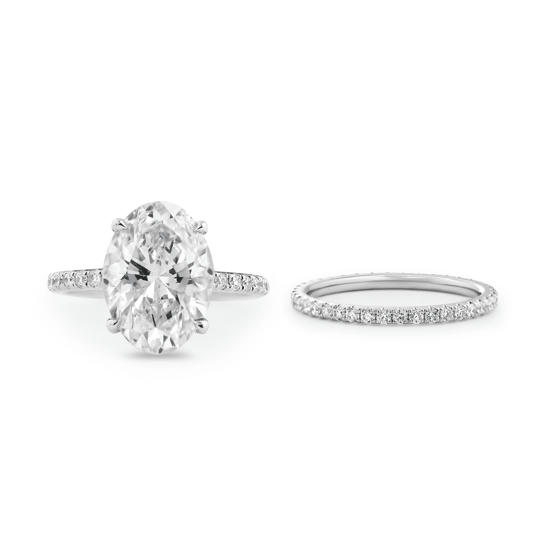Oval Cut Lab Diamond 4 - Claw Hidden Halo Cathedral Bridal Set — Engagement Ring with U - Shaped Pavé Eternity Band - FIORESE JEWELRY