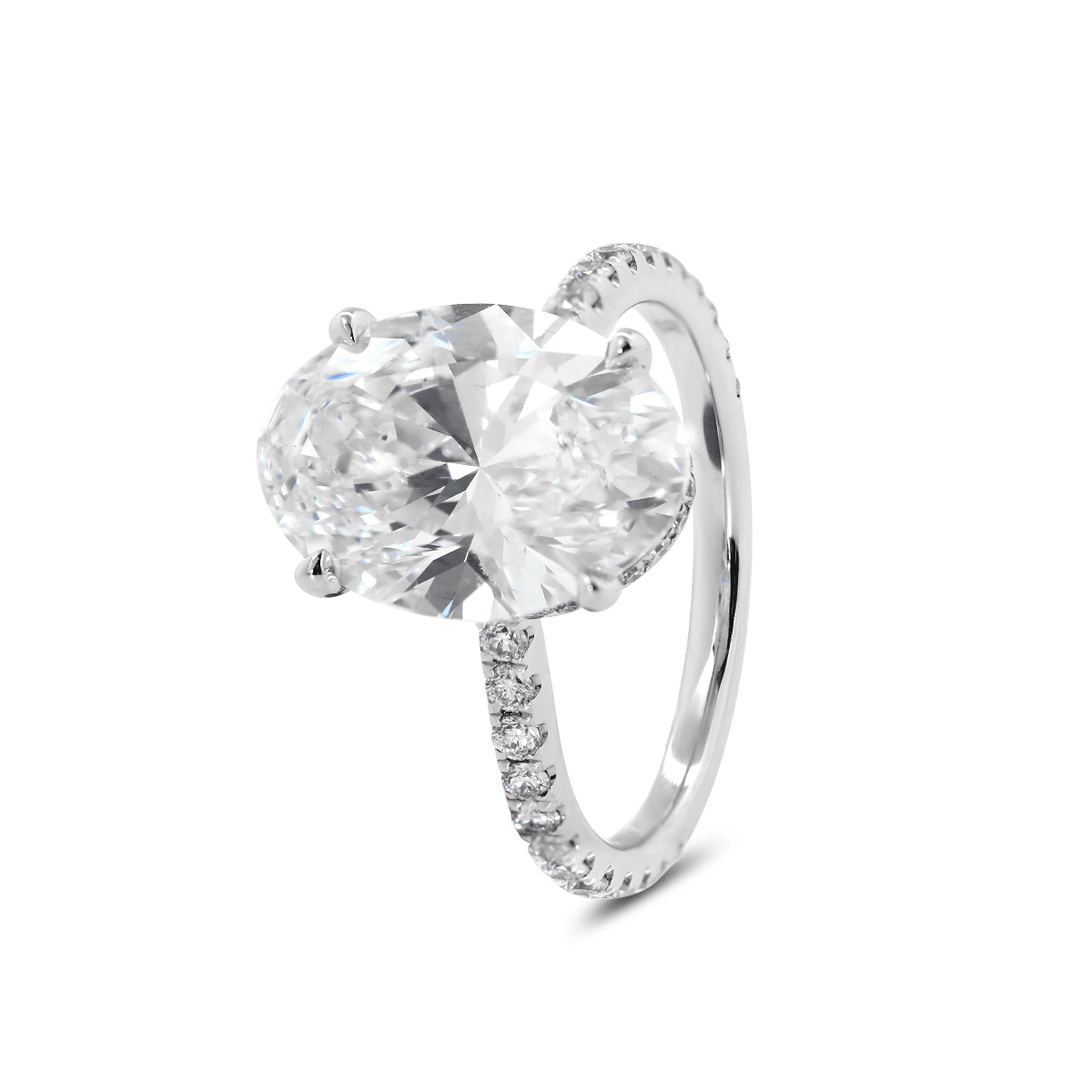 Oval Cut Lab Diamond 4-Claw Hidden Halo Cathedral Bridal Set — Engagement Ring with U-Shaped Pavé Eternity Band