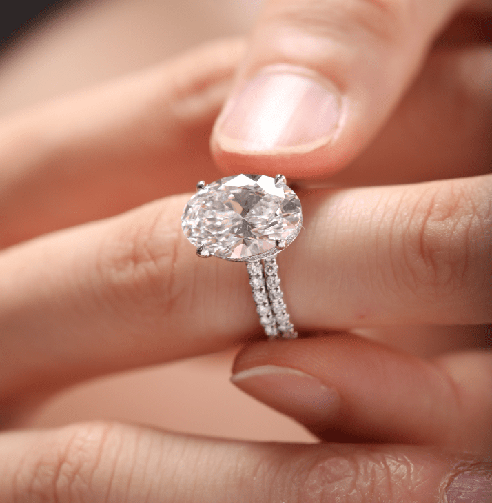 Oval Cut Lab Diamond 4 - Claw Hidden Halo Cathedral Bridal Set — Engagement Ring with U - Shaped Pavé Eternity Band - FIORESE JEWELRY