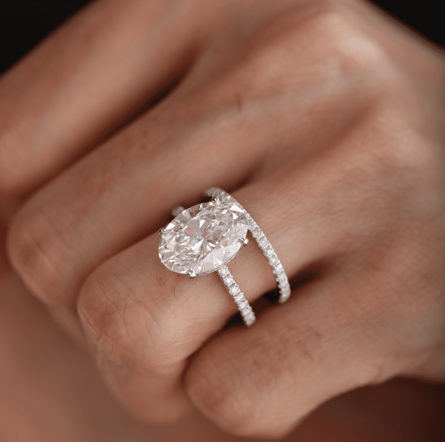 Oval Cut Lab Diamond 4 - Claw Hidden Halo Cathedral Bridal Set — Engagement Ring with U - Shaped Pavé Eternity Band - FIORESE JEWELRY