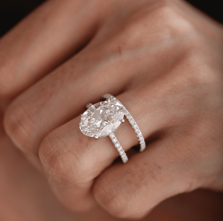 Oval Cut Lab Diamond 4 - Claw Hidden Halo Cathedral Bridal Set — Engagement Ring with U - Shaped Pavé Eternity Band - FIORESE JEWELRY