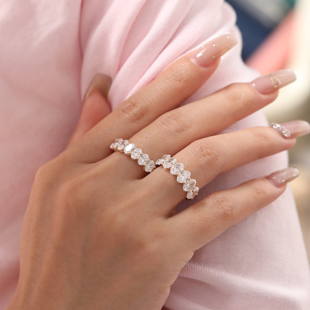 Oval - Cut Lab Diamond Half Eternity Ring with Shared Prong Setting - FIORESE JEWELRY