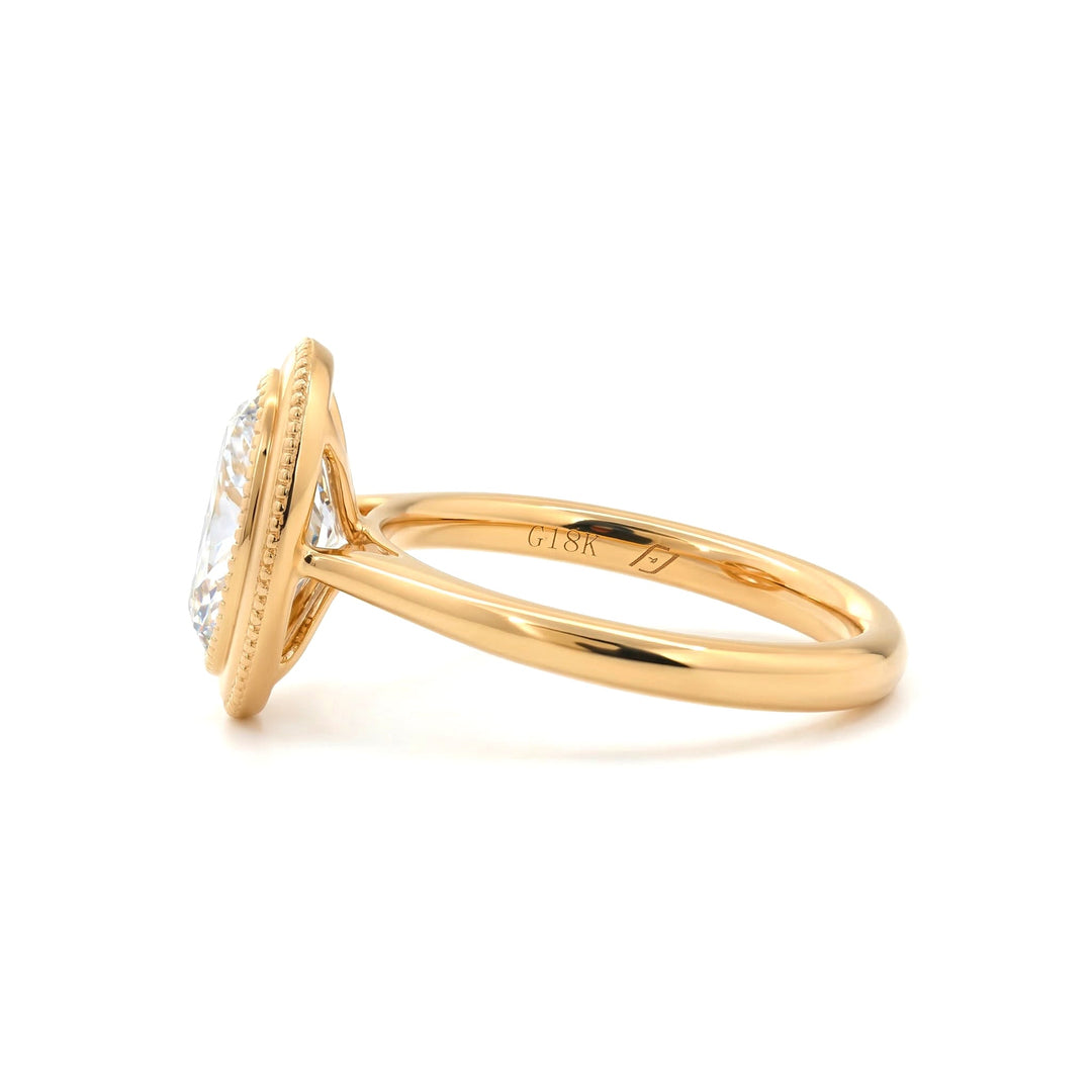 Oval - Cut Lab Diamond Solitaire Ring with Millegrain Bezel Basket Setting and Cathedral Design - FIORESE JEWELRY