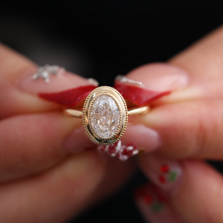 Oval - Cut Lab Diamond Solitaire Ring with Millegrain Bezel Basket Setting and Cathedral Design - FIORESE JEWELRY