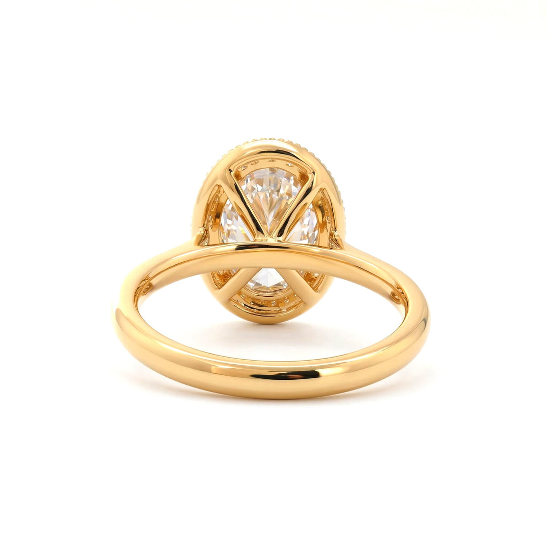 Oval - Cut Lab Diamond Solitaire Ring with Millegrain Bezel Basket Setting and Cathedral Design - FIORESE JEWELRY
