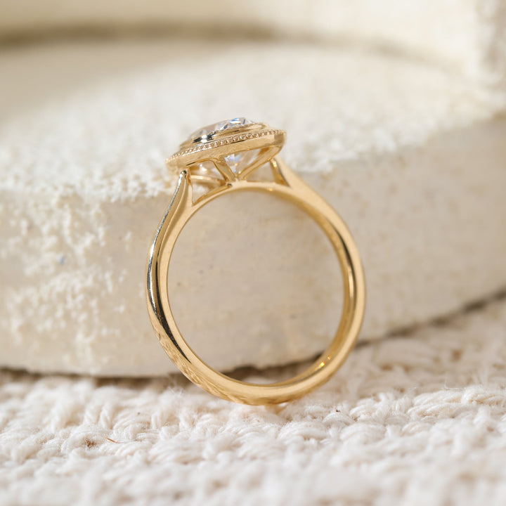 Oval - Cut Lab Diamond Solitaire Ring with Millegrain Bezel Basket Setting and Cathedral Design - FIORESE JEWELRY