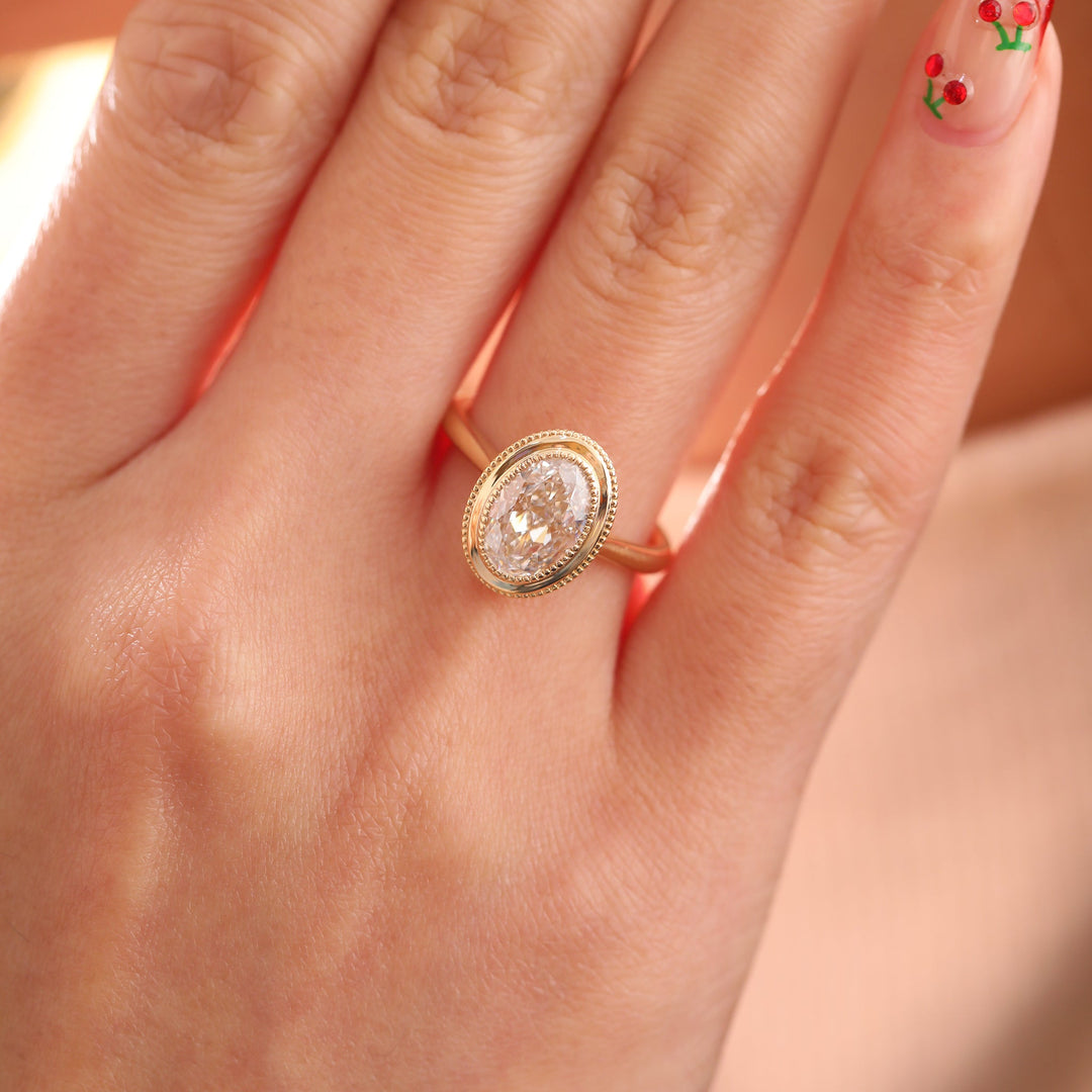 Oval - Cut Lab Diamond Solitaire Ring with Millegrain Bezel Basket Setting and Cathedral Design - FIORESE JEWELRY