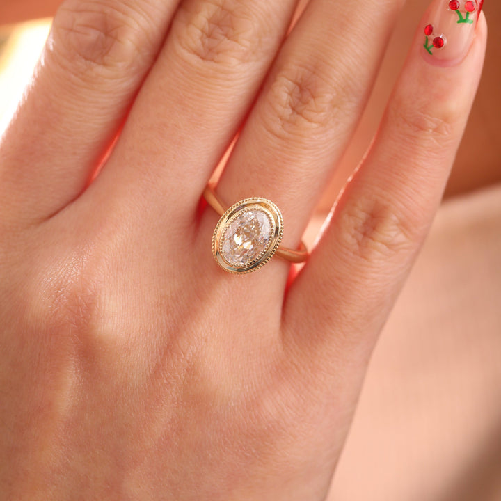 Oval - Cut Lab Diamond Solitaire Ring with Millegrain Bezel Basket Setting and Cathedral Design - FIORESE JEWELRY