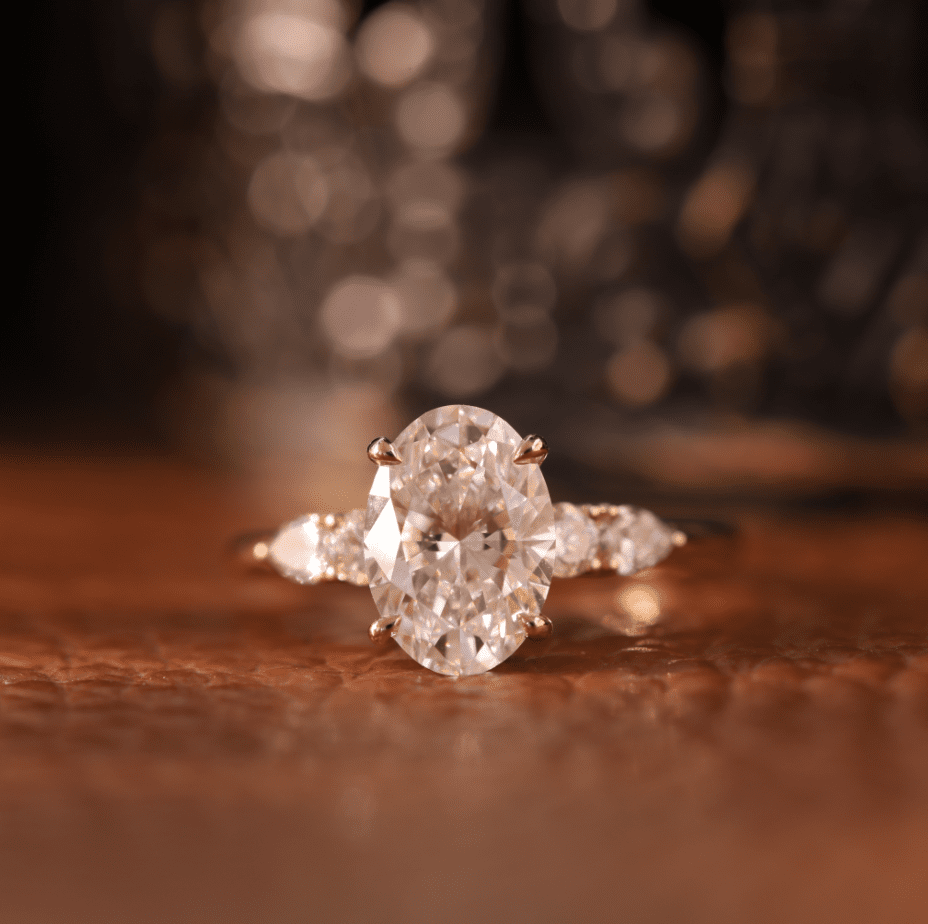 Oval Lab Diamond 4 Claw Prong Basket Ring with Round and Pear Lab Diamond Side - stones - FIORESE JEWELRY