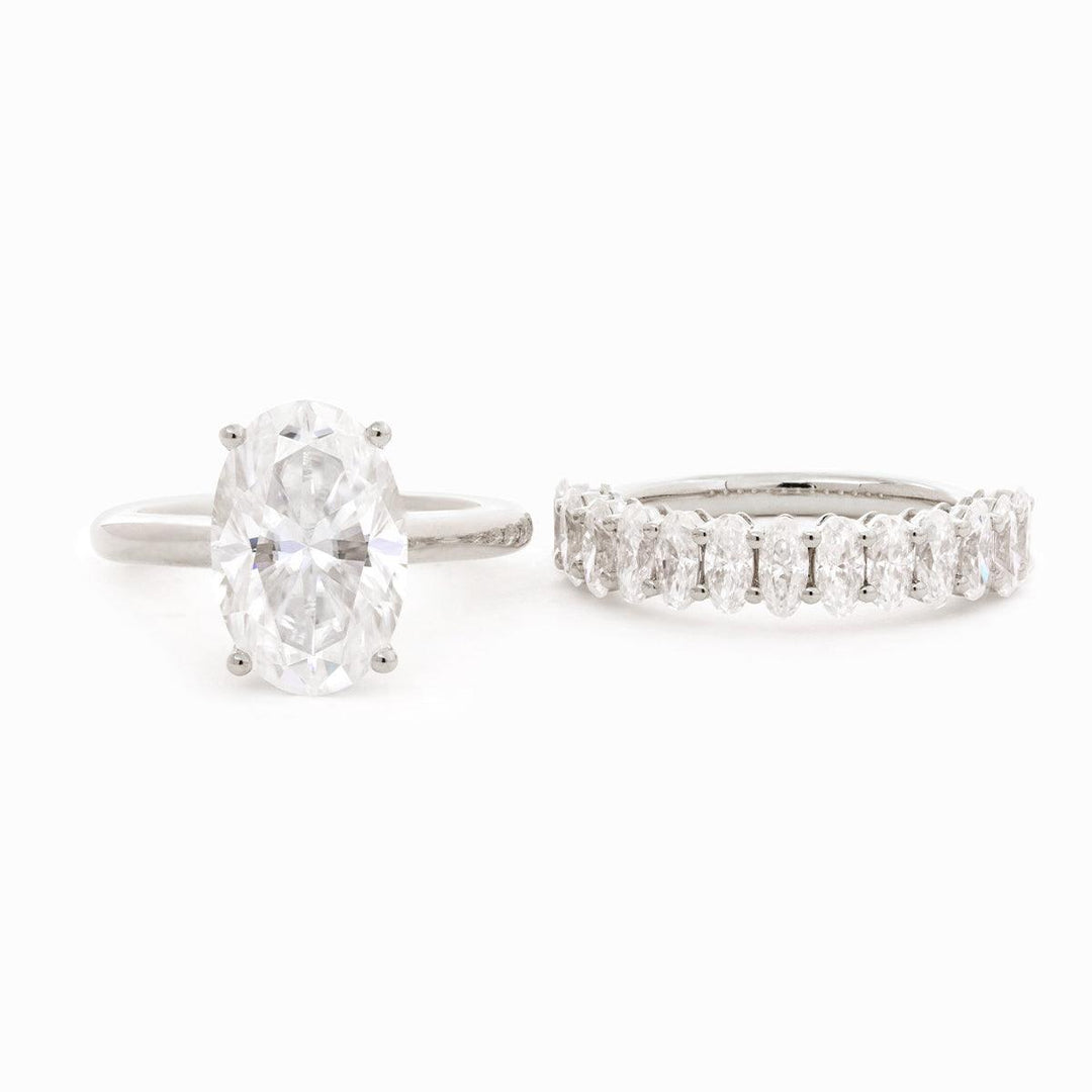 Oval Lab Diamond 4 - Round Prong Hidden Halo Cathedral Bridal Set — Engagement Ring with Oval Lab Diamond Half Eternity Shared - Prong Band - FIORESE JEWELRY