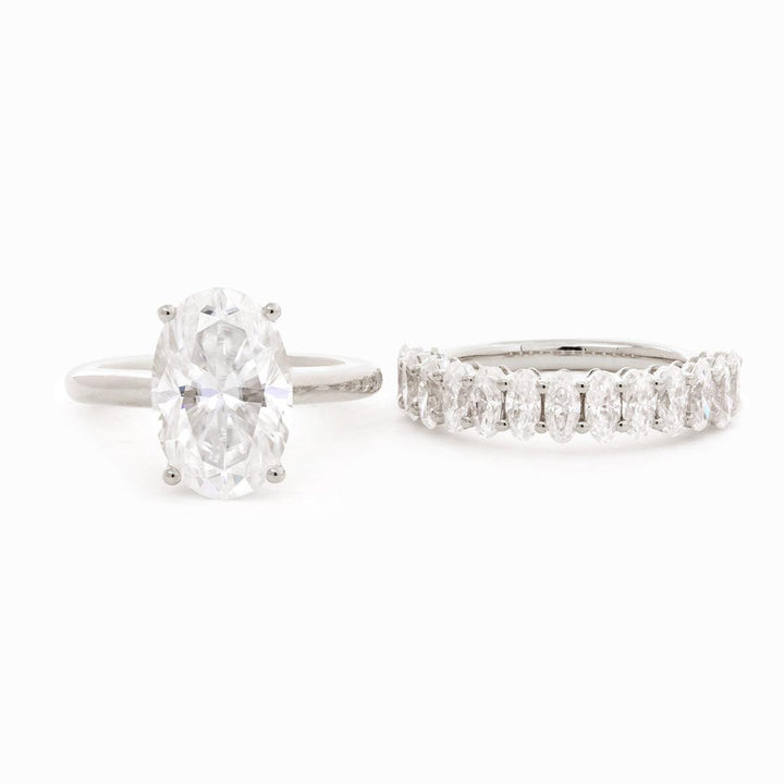 Oval Lab Diamond 4 - Round Prong Hidden Halo Cathedral Bridal Set — Engagement Ring with Oval Lab Diamond Half Eternity Shared - Prong Band - FIORESE JEWELRY
