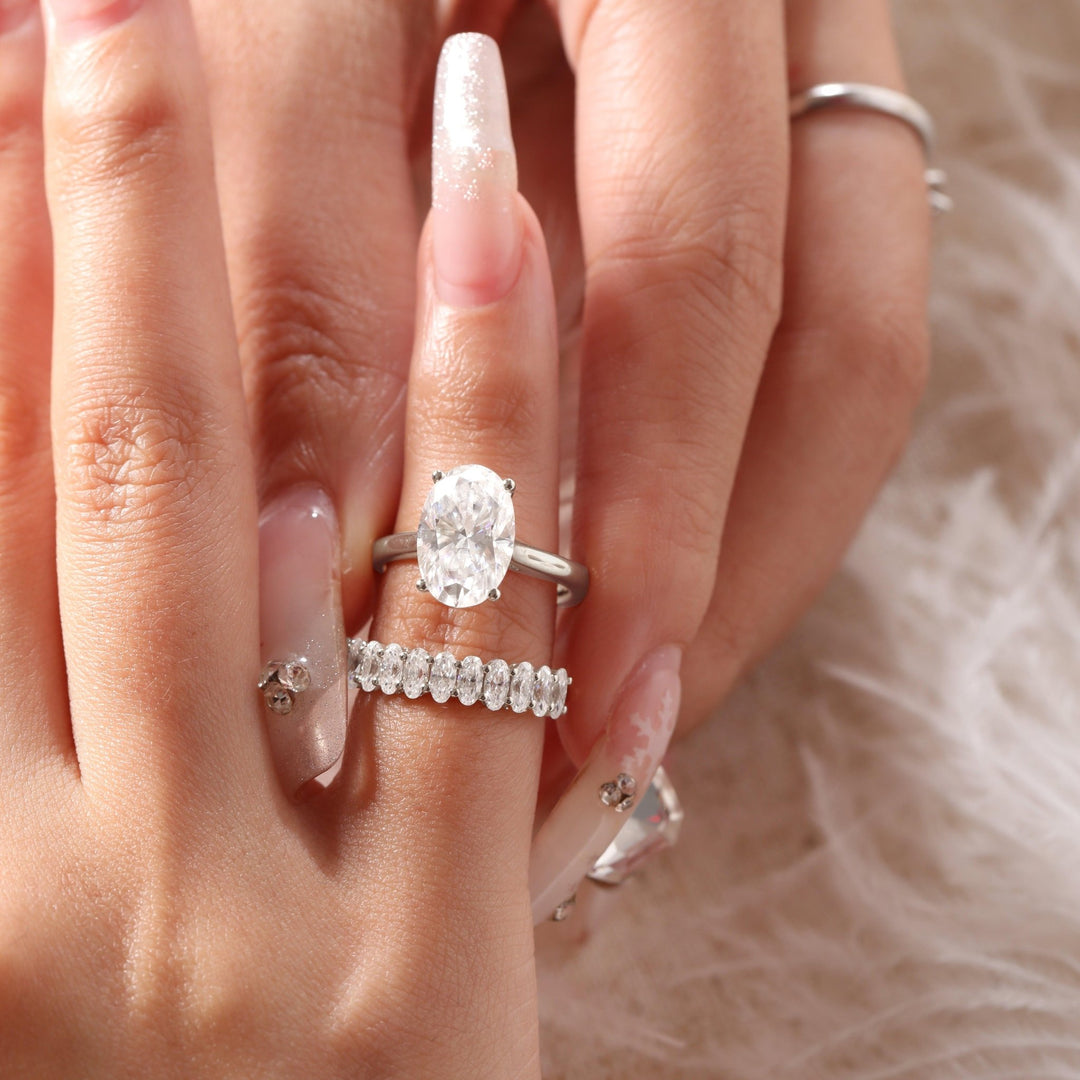Oval Lab Diamond 4 - Round Prong Hidden Halo Cathedral Bridal Set — Engagement Ring with Oval Lab Diamond Half Eternity Shared - Prong Band - FIORESE JEWELRY