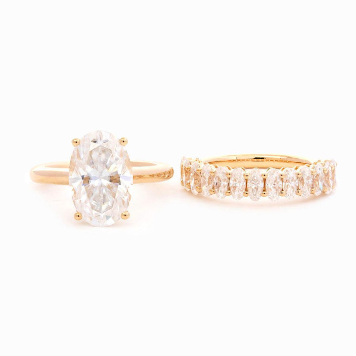 Oval Lab Diamond 4 - Round Prong Hidden Halo Cathedral Bridal Set — Engagement Ring with Oval Lab Diamond Half Eternity Shared - Prong Band - FIORESE JEWELRY