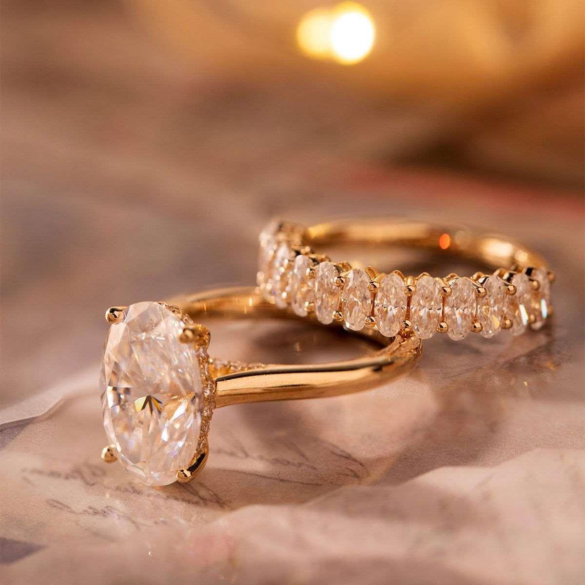 Oval Lab Diamond 4-Round Prong Hidden Halo Cathedral Bridal Set — Engagement Ring with Oval Lab Diamond Half Eternity Shared-Prong Band