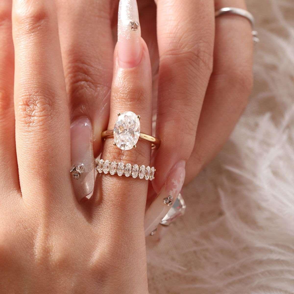 Oval Lab Diamond 4-Round Prong Hidden Halo Cathedral Bridal Set — Engagement Ring with Oval Lab Diamond Half Eternity Shared-Prong Band