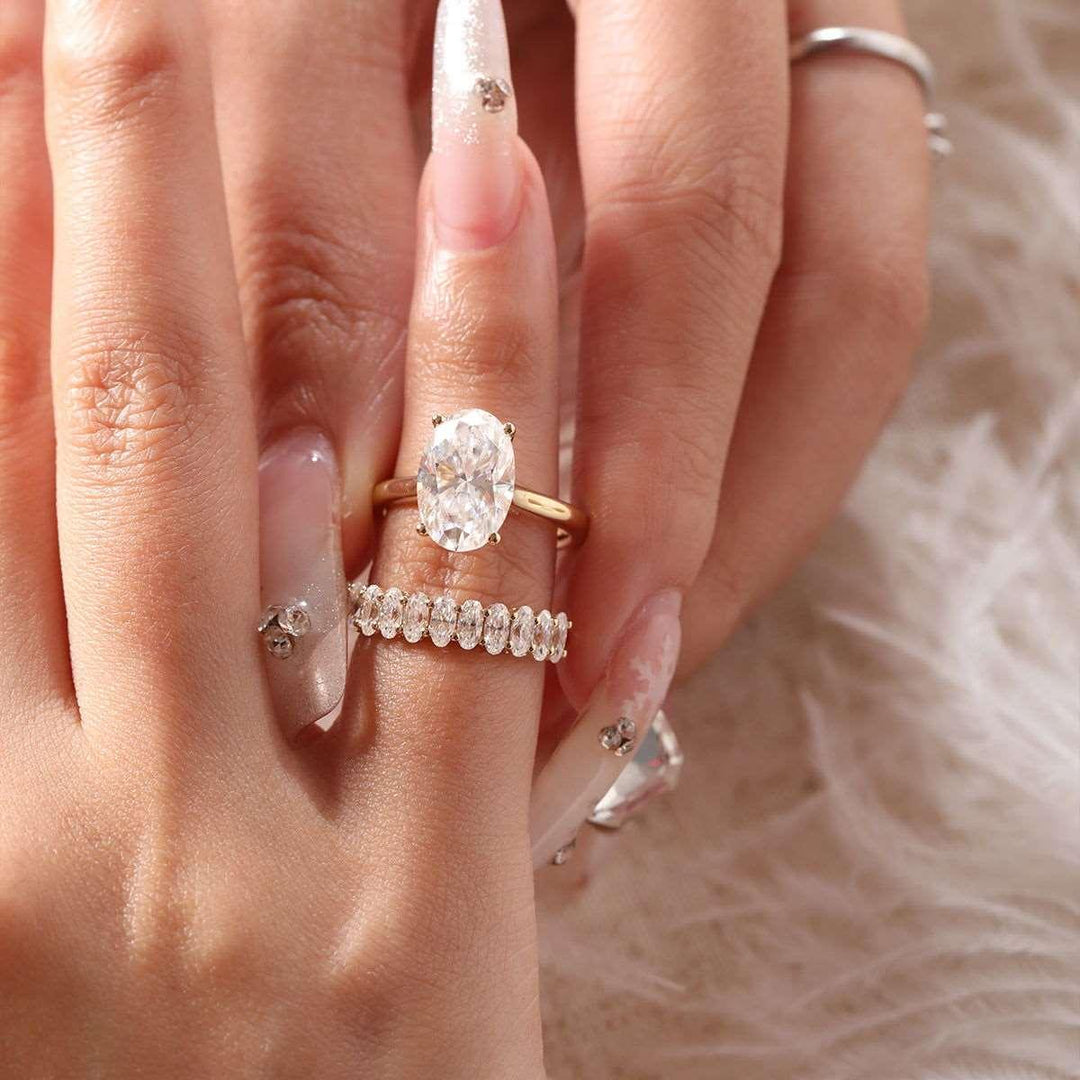 Oval Lab Diamond 4 - Round Prong Hidden Halo Cathedral Bridal Set — Engagement Ring with Oval Lab Diamond Half Eternity Shared - Prong Band - FIORESE JEWELRY