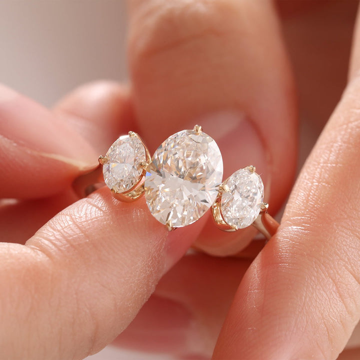 Oval Lab Diamond Three - Stone Ring with 4 - Claw Basket Setting - FIORESE JEWELRY