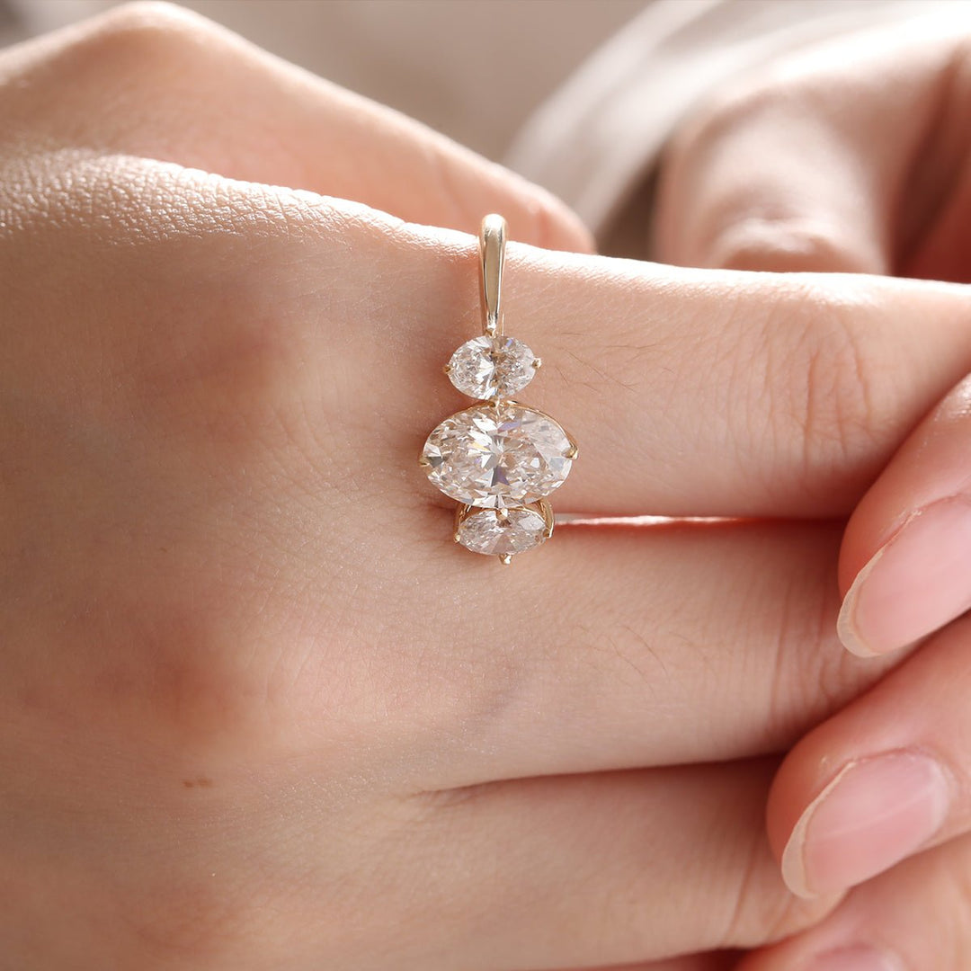 Oval Lab Diamond Three - Stone Ring with 4 - Claw Basket Setting - FIORESE JEWELRY
