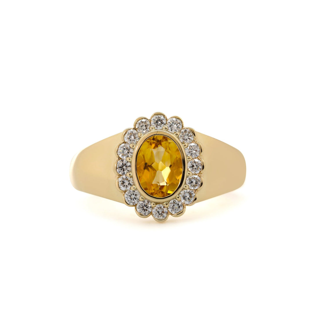Oval Natural Citrine Flower Ring with Round Diamond Halo — Art Nouveau Nature-Inspired - FIORESE JEWELRY