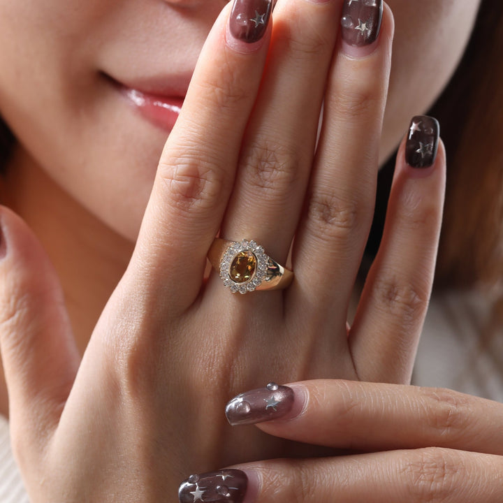 Oval Natural Citrine Flower Ring with Round Diamond Halo — Art Nouveau Nature-Inspired - FIORESE JEWELRY