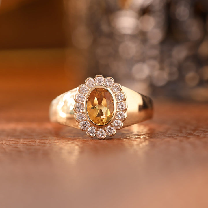 Oval Natural Citrine Flower Ring with Round Diamond Halo — Art Nouveau Nature-Inspired - FIORESE JEWELRY