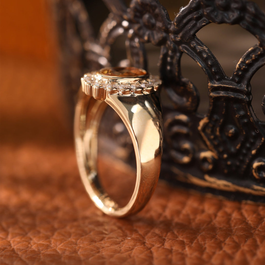 Oval Natural Citrine Flower Ring with Round Diamond Halo — Art Nouveau Nature-Inspired - FIORESE JEWELRY