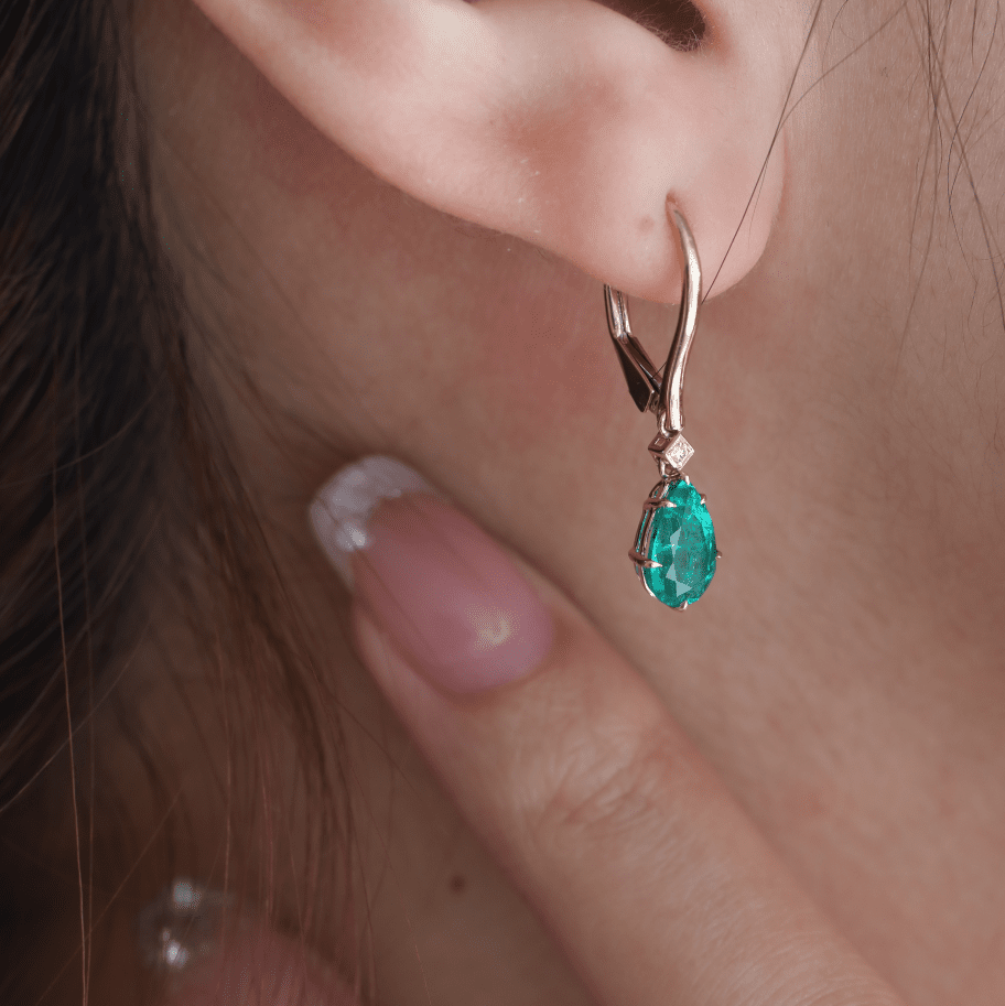 Pear Cut Colombian Lab Emerald Basket - Set Hoop Earrings with Leverback and Round Diamond Accents - FIORESE JEWELRY