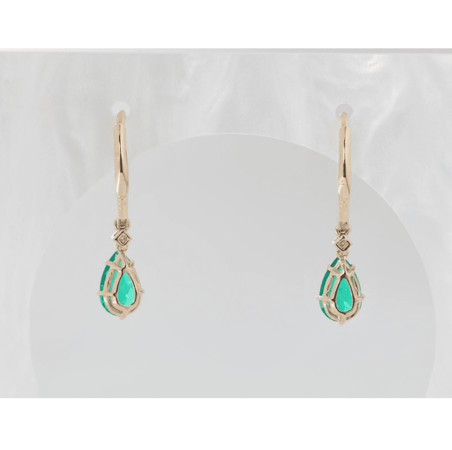 Pear Cut Colombian Lab Emerald Basket - Set Hoop Earrings with Leverback and Round Diamond Accents - FIORESE JEWELRY
