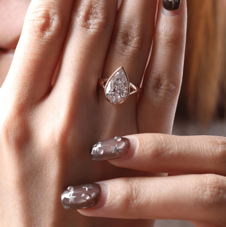 Pear Cut Lab Diamond Bezel Basket Solitaire Ring — Split Band Design - FIORESE JEWELRY