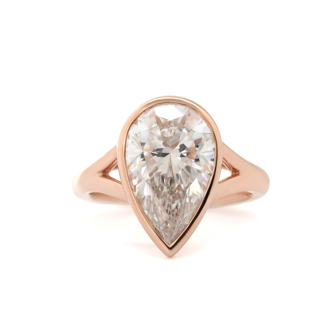 Pear - Cut Lab Diamond Solitaire Ring with Bezel - Basket Setting and Split Band Design - FIORESE JEWELRY
